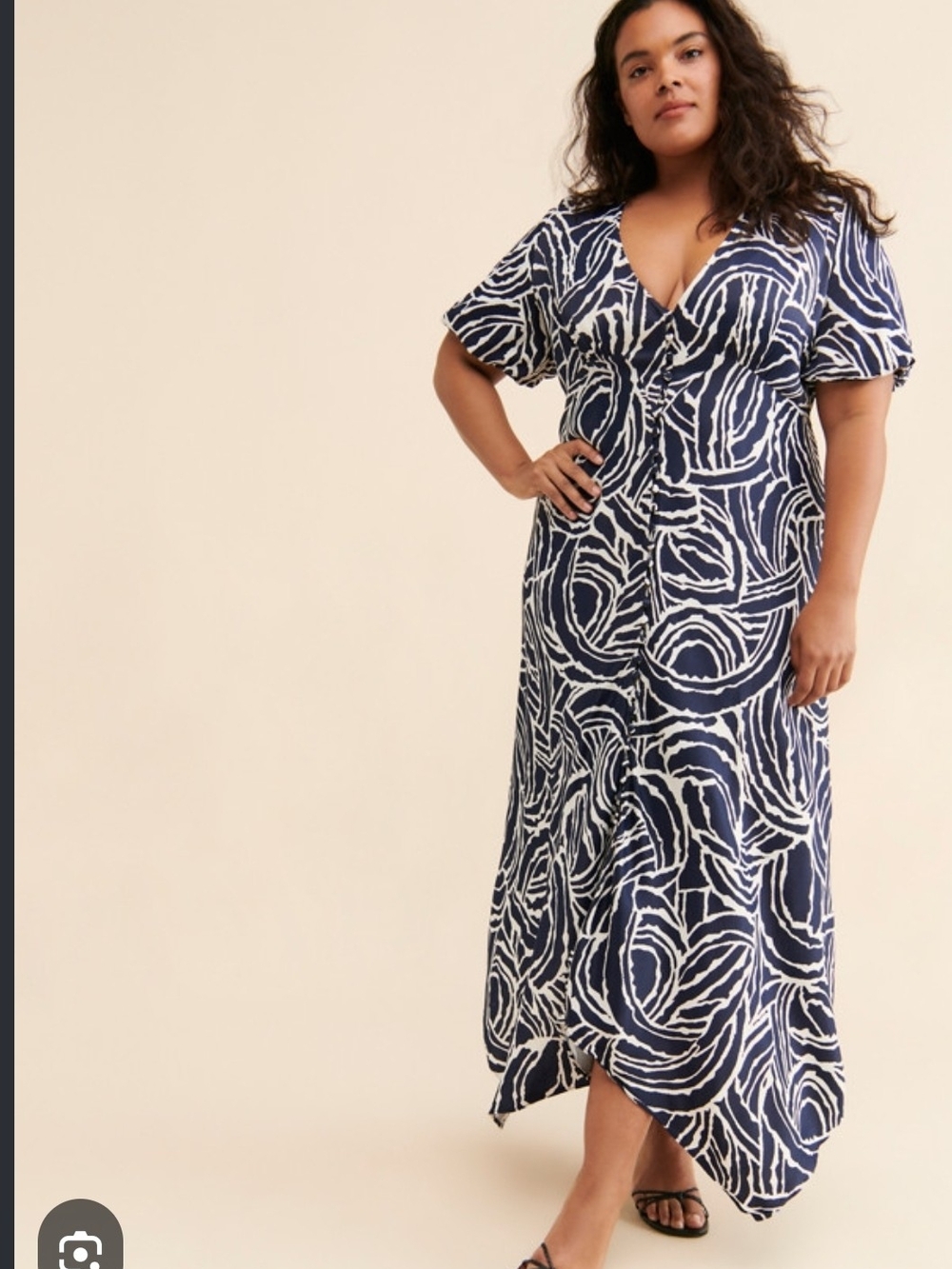 Anthropologie Navy and White Abstract Print Wrap Midi Dress